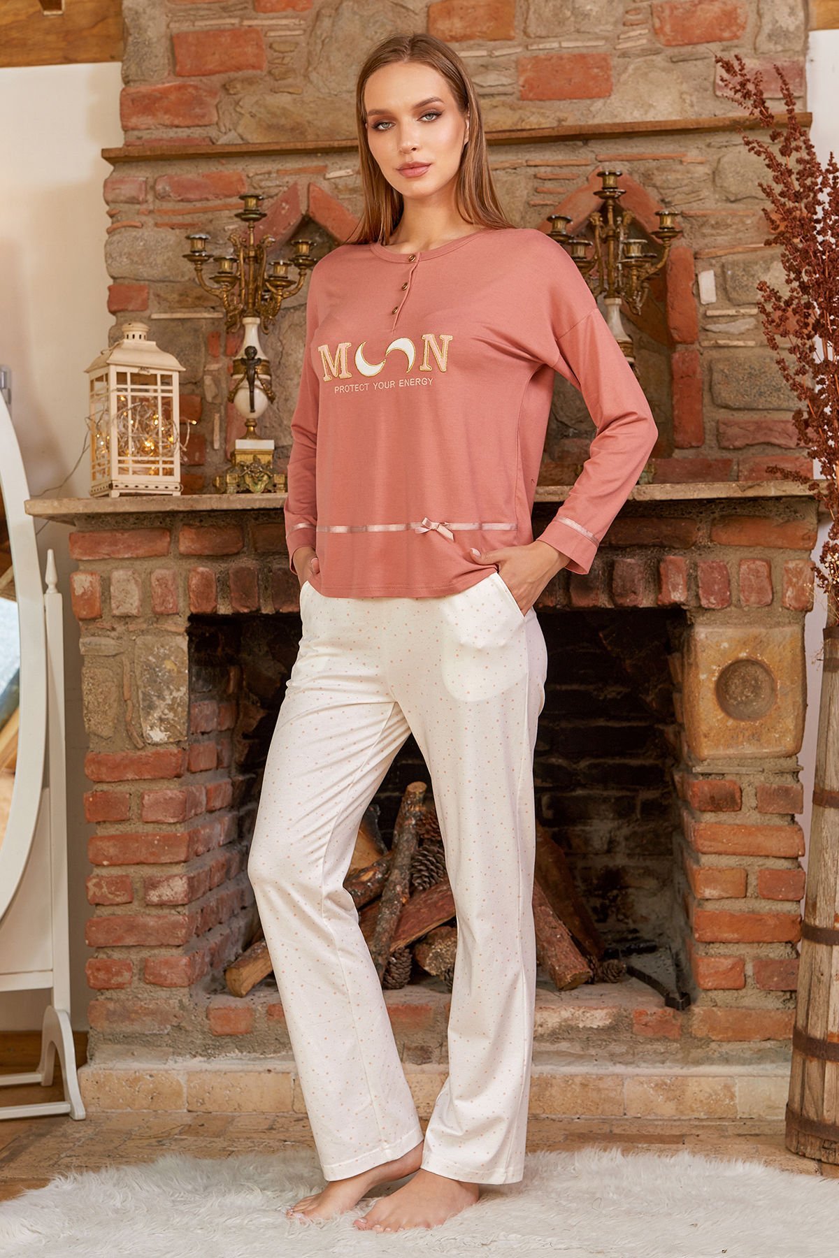 Baskı Detay Uzun Kol Pijama Takımı CossybyAqua 24185