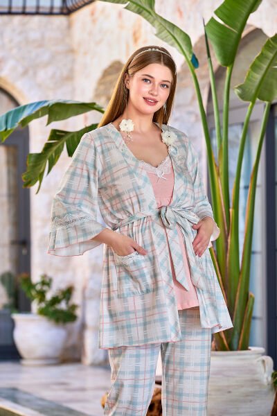 Ekose Desen Sabahlıklı 3'lü Lohusa Pijama Takımı CossybyAqua 25631 42 - PUDRA