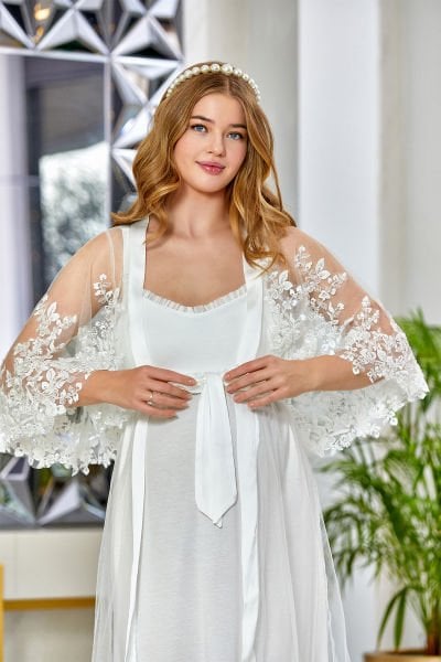 Pullu Brode Detaylı Uzun Şifon Sabahlık CossybyAqua 23606
