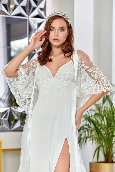 Pullu Brode Detaylı Uzun Şifon Sabahlık CossybyAqua 23606