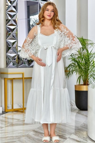 Pullu Brode Detaylı Uzun Şifon Sabahlık CossybyAqua 23606