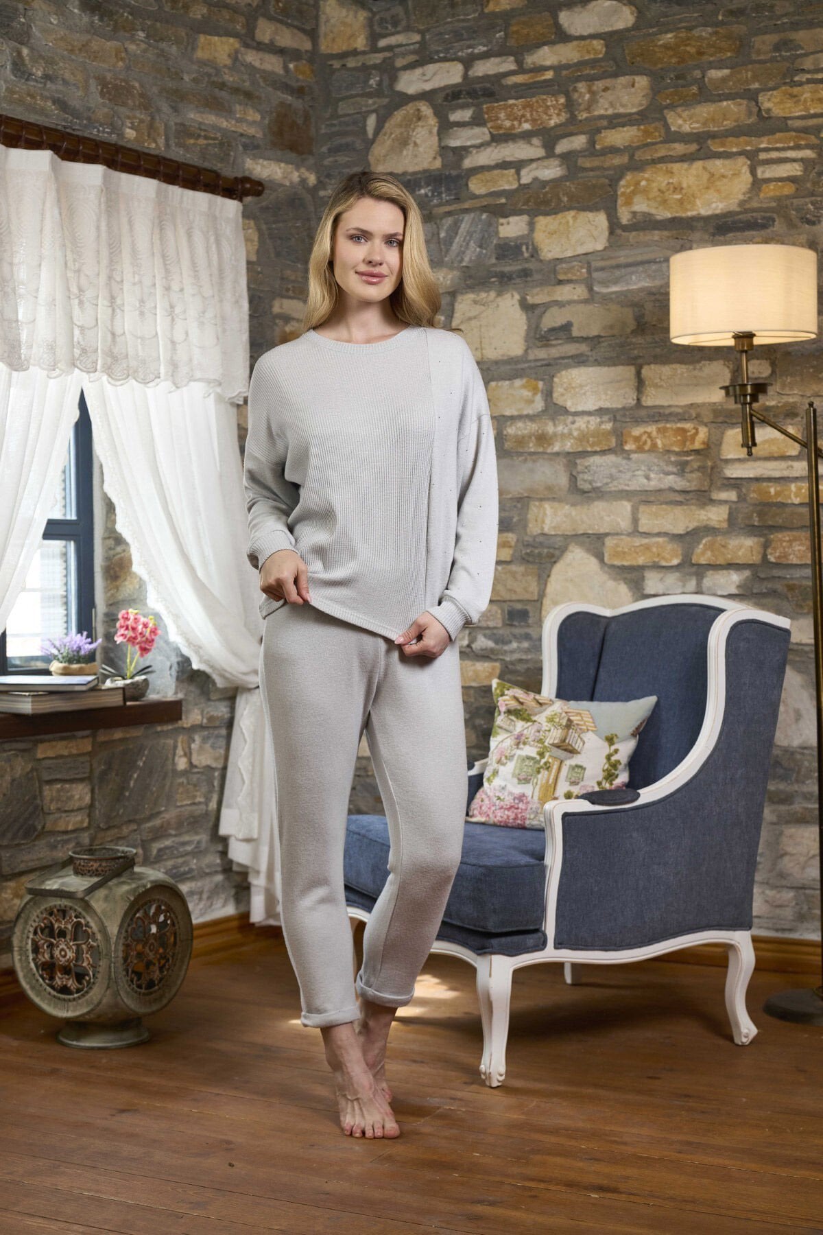 Uzun Kol Bisiklet Yaka Pijama Takımı CossybyAqua 26251 44 - GRİMELANJ