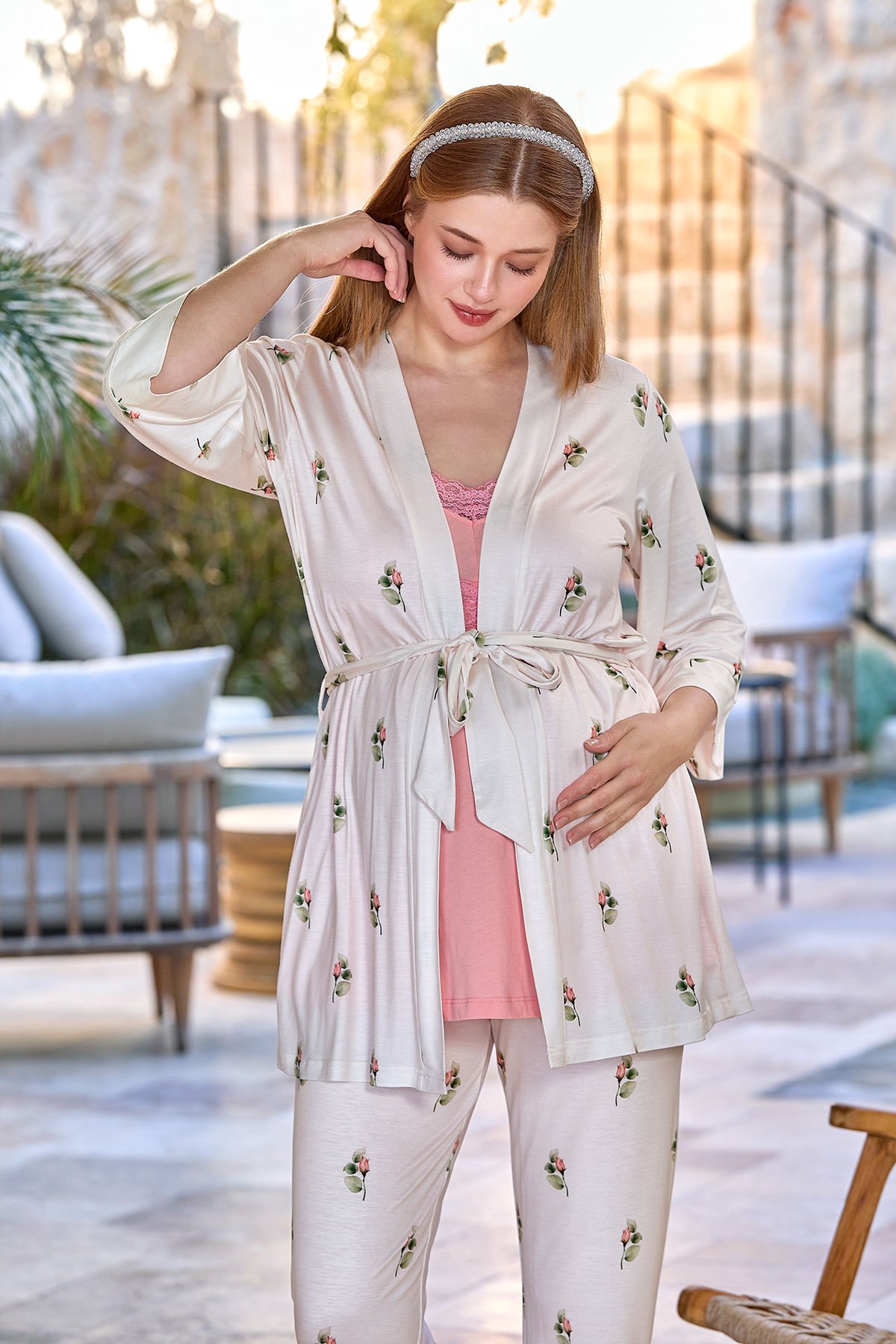 Sabahlıklı 3'lü Lohusa Pijama Takımı CossybyAqua 25627 36 - PUDRA