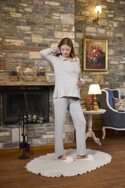Uzun Kol Düğme Detay Hamile Lohusa Pijama Takımı CossybyAqua 26314 46 - GRİMELANJ
