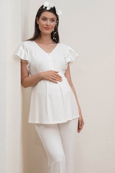 Dantel ve Tül Detaylı Lohusa Pijama Takım