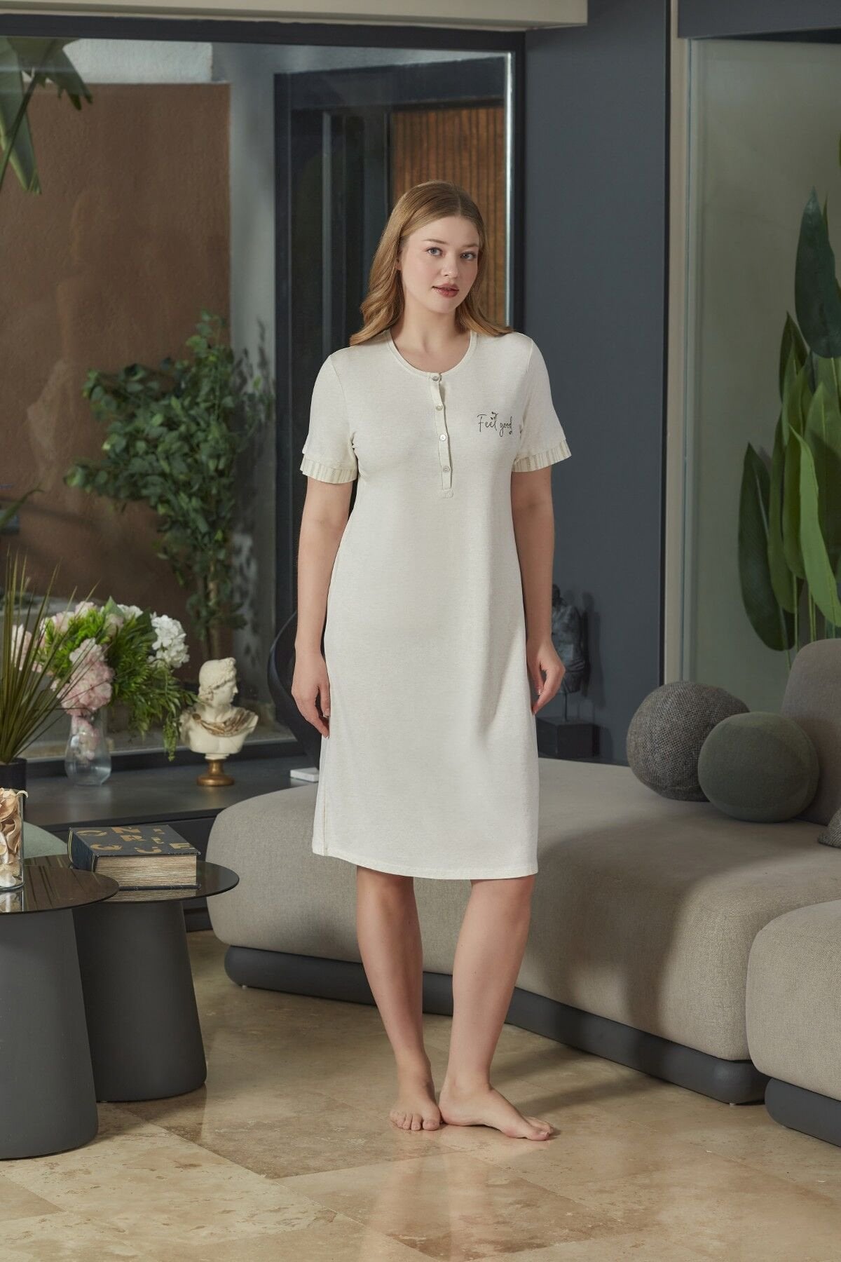 Kısa Kol Düğme Detay Gecelik CossybyAqua 26574