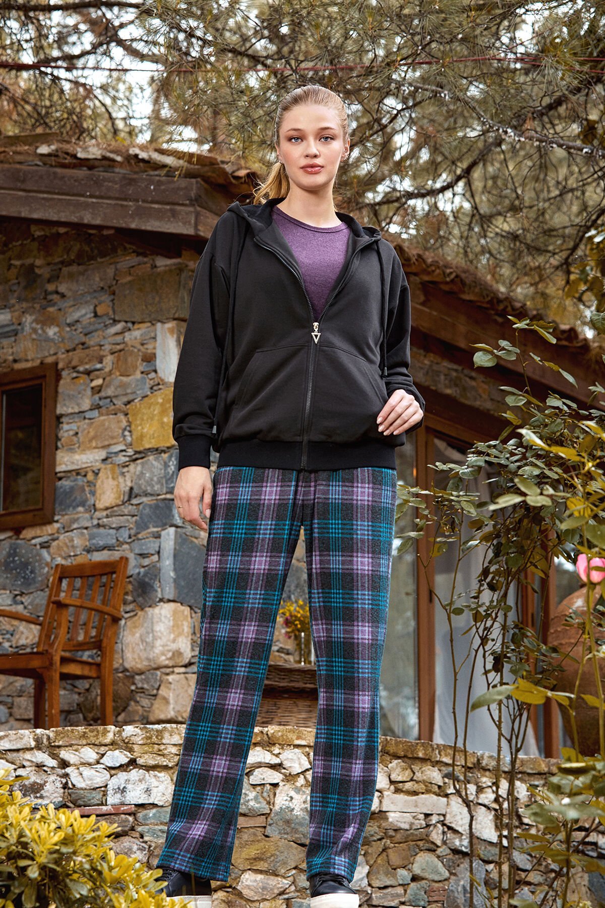 Ekose Desen 3'ü Eşofman Takım Cossy by Aqua 24059 SİYAH - 38