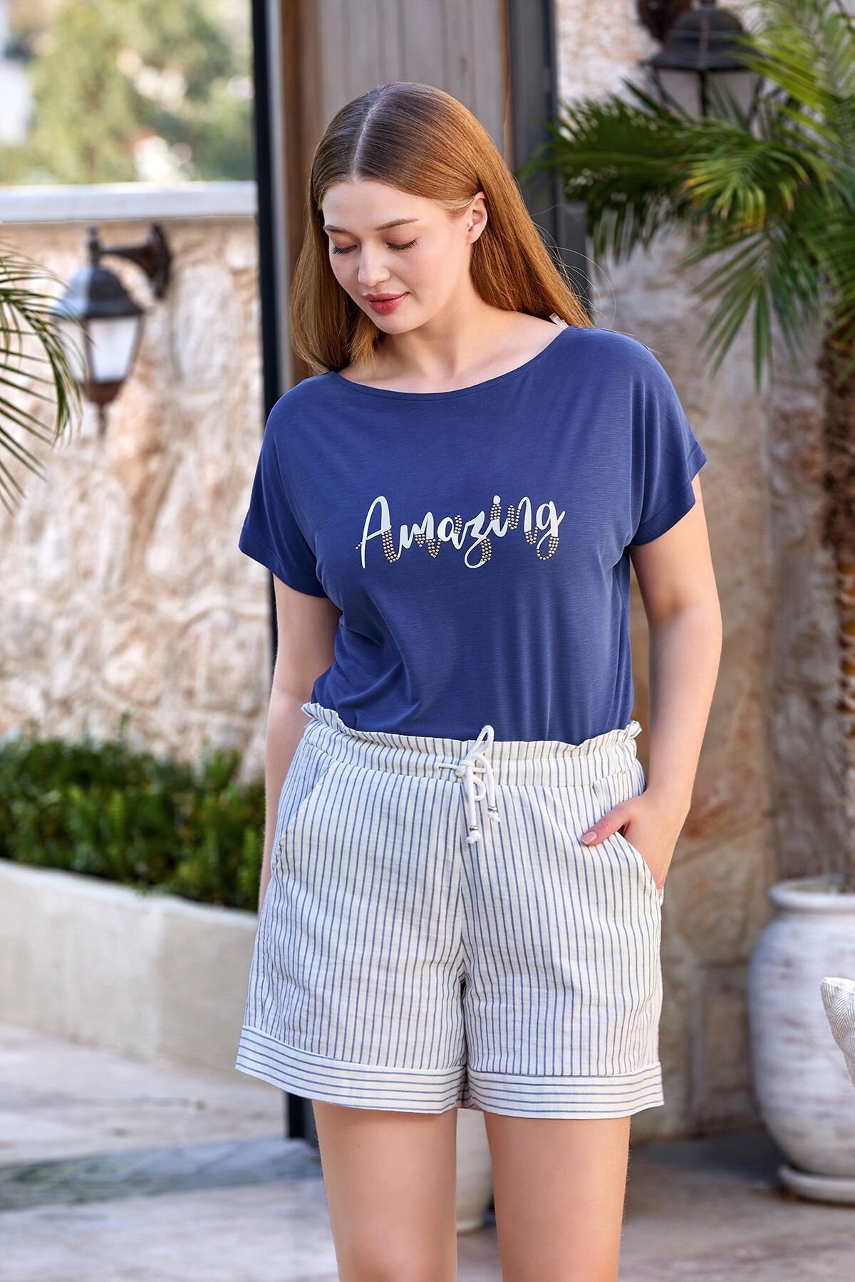 Kısa Kol Çizgili Spor Şort Takım CossybyAqua 25765