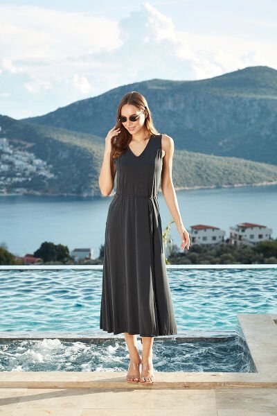 Bel Büzgülü Cep Detay Midi Elbise CossybyAqua 26804