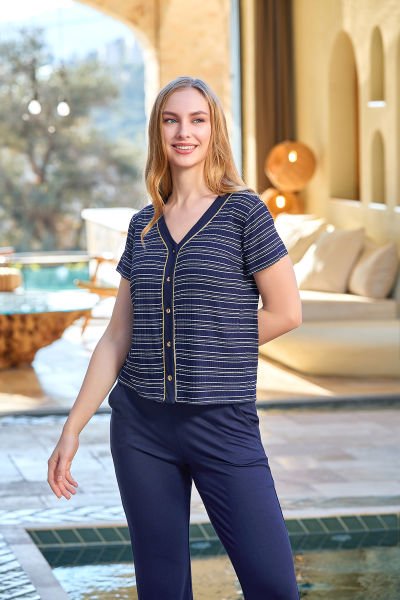 Çizgi Desen Kısa Kol Pijama Takımı CossybyAqua 25632