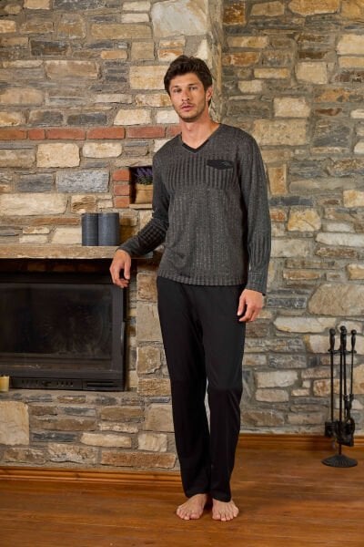 Uzun Kol Çizgi Desen Erkek Pijama Takımı Büyük Beden CossybyAqua 26410